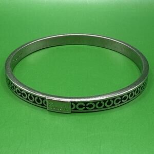 Coach Silver/Black Tone Enamel Signature C Logo Bangle Bracelet Signed